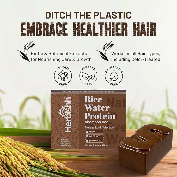 Herbishh Shampoo Bar for Hair Growth – Strengthening & Nourishing, Solid Soap for Thinning Hair, Paraben-Free & Sulfate-Free, 3.53 oz (Rice Water Shampoo, Pack of 1)