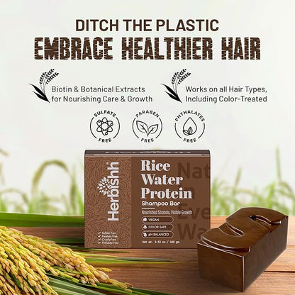 Herbishh Shampoo Bar for Hair Growth – Strengthening & Nourishing, Solid Soap for Thinning Hair, Paraben-Free & Sulfate-Free, 3.53 oz (Rice Water Shampoo, Pack of 1)