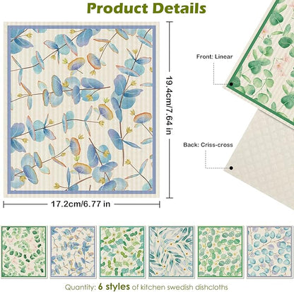 6 Packs Swedish Paper Cloths for Kitchen, Reusable Paper Towels Washable Dish Rags, Highly Absorbent Kitchen Towels Quick Drying Swedish Sponge Cleaning Dish Cloths(Eucalyptus Leaves)