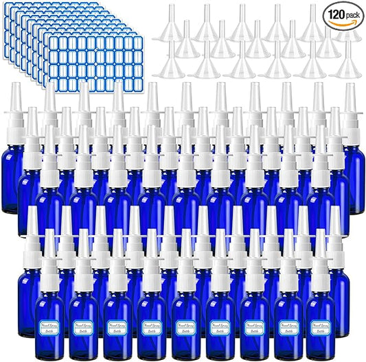 120 Pcs Nasal Spray Bottle, 1OZ/30ML Bule Empty Glass Nasal Spray Bottles Refillable with 24 Funnels and 24 Labels