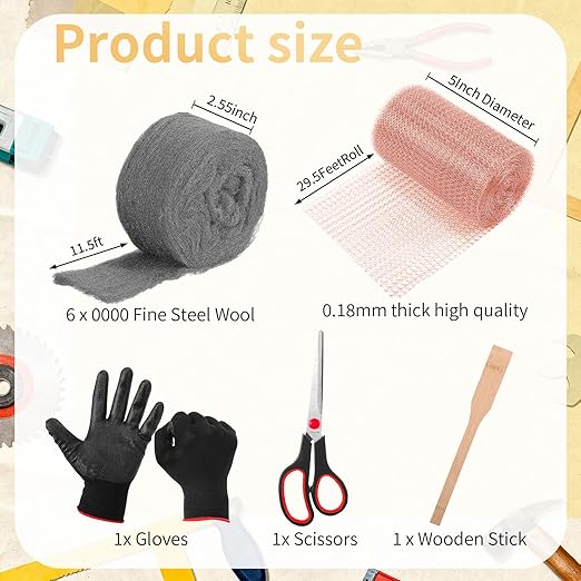 Copper Mesh Rodent Control Kit 1 Pack Rustproof Mesh Roll and 0000 Steel Wool Mouse Hole Filler with Gloves, Scissors for House Garden Home Garage(5in X 29.5ft)