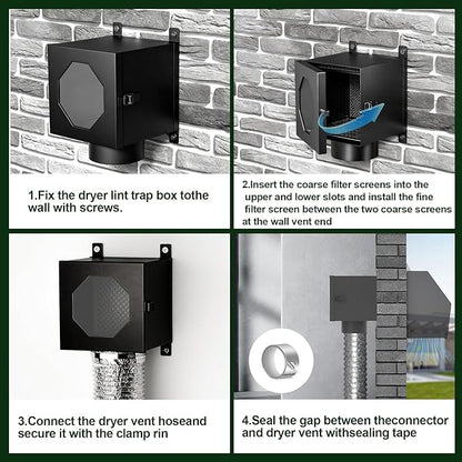 Dryer Lint Trap, Metal Dryer Duct Lint Trap Lint Catcher Collector Box with 90 Degree Dryer Vent Elbow, Secondary laundry lint catcher Connector Kit for Electric Dryer - Easy to Install & Maintain