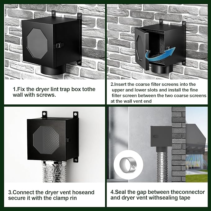 Metal Indoor Dryer Vent Lint Trap Box, 4" Secondary Dryer Lint Catcher Kit with 5FT Hose & Stainless Steel Clamps, Easy to Install for Electric Clothes Dryer, 90-degree Dryer Vent Filter (Black)
