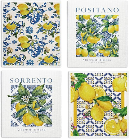Swedish Dishcloths for Kitchen, Papaya Reusable Paper Towels Washable, Vintage Floral Summer Lemon Swedish DishCloths for Friut, 4 Pcs Dish Towels for Kitchen, No Odor Cleaning Cloths