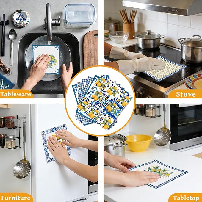Lemons Swedish Dishcloths for Kitchen, 6 Pcs Reusable Tiles Lemons Sponge Cleaning Cloths, Absorbent Summer Yellow Fruit Dish Cloths Towels Wipes for Cooking Home Decoration Housewarming Gift
