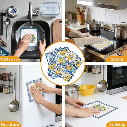 Lemons Swedish Dishcloths for Kitchen, 6 Pcs Reusable Tiles Lemons Sponge Cleaning Cloths, Absorbent Summer Yellow Fruit Dish Cloths Towels Wipes for Cooking Home Decoration Housewarming Gift
