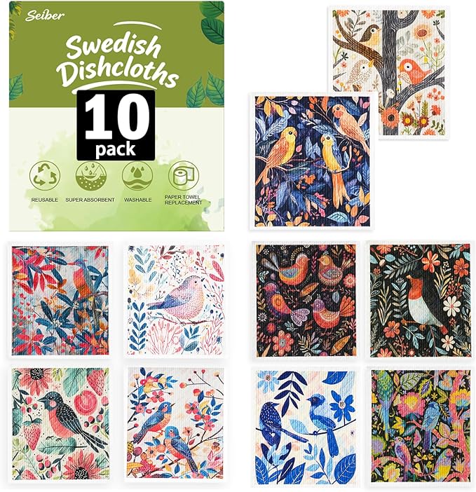 SEIBER Swedish Dishcloths for Kitchen - 10 Pack Washable & Reusable Dish Rags,Super Absorbent Reusable Towels Washable, Non-Scratch Cellulose Sponge Cloths,Quick Drying, Dishwasher Safe (Bird Flower)