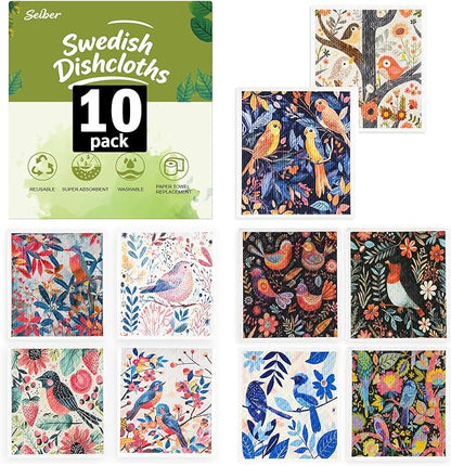 SEIBER Swedish Dishcloths for Kitchen - 10 Pack Washable & Reusable Dish Rags,Super Absorbent Reusable Towels Washable, Non-Scratch Cellulose Sponge Cloths,Quick Drying, Dishwasher Safe (Bird Flower)