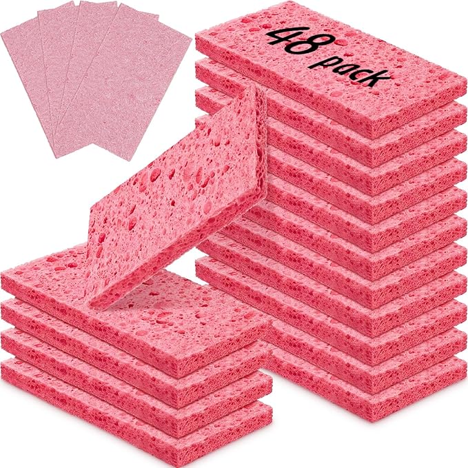 Zhengmy 48 Pieces Sponges Bulk Sponges Kitchen Compressed Sponge Natural Dish Sponge Compressed Wood Pulp Cleaning Without Scratching for Kitchen Bathroom, 3.9 x 2.4 x 0.12 Inch (Pink)