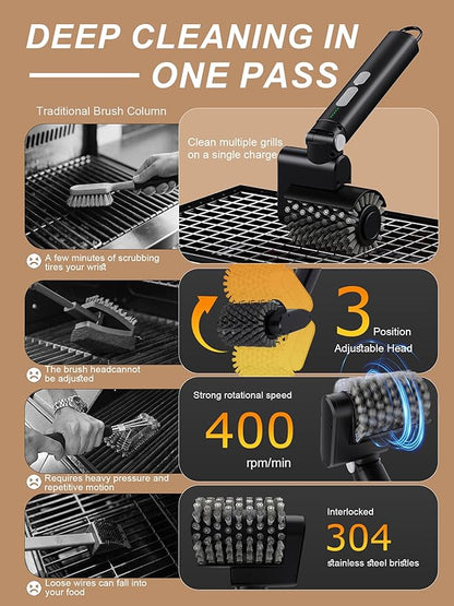 Electric Grill Brush, 3-Speed Power Control Grill Brush for Outdoor Grill, Rechargeable BBQ Grill Brush, Cordless Grill Cleaning Brush with 2 Brush Head & Scouring Pad, Gifts for Men/Dad