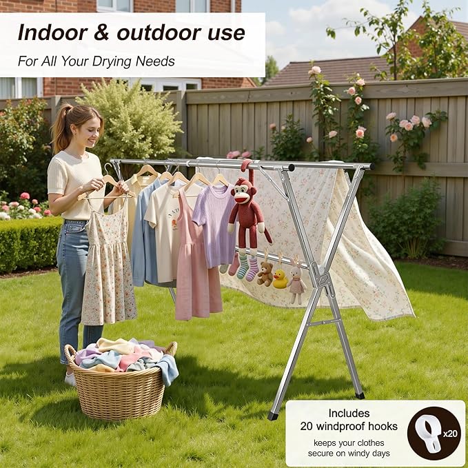 Spreezy Stainless Steel Clothes Drying Rack, Indoor/Outdoor Drying Rack for Clothes, Portable Folding Laundry Drying Rack, Adjustable Length, Space-Saving, with Windproof Hooks