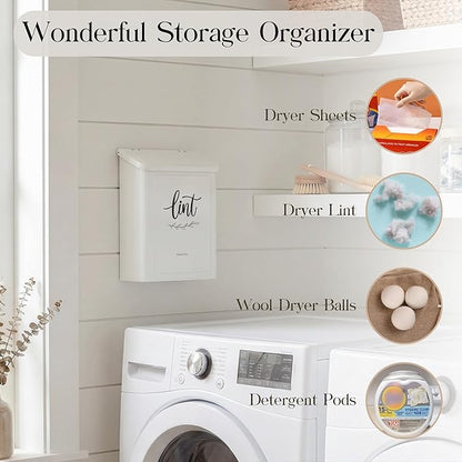 Perfnique Magnetic Lint Bin for Laundry Room with Lint Brush, Wall Mounted Lint Holder Trash can with lid for Dryer, Modern Farmhouse Rustic Metal Laundry Room Storage Organization and Decor(White)