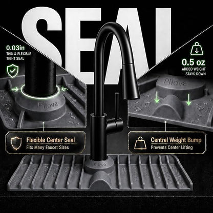 Premium Kitchen Sink Splash Guard – 18" x 5.7" Silicone Faucet Mat with Secure Pressure Clip, True 10° 3D Drainage(No Pooling), Anti-Lift Design, Flexible Leak-Sealing Ring, Non-Slip Fit Behind Faucet