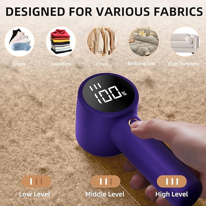 Fabric Shaver, Lint Remover Rechargeable, Electric Portable Sweater Defuzzer with 3 Speeds, 6 Leaf Blades, Digital LED Display to Remove Pilling for Clothes, Furniture, Sweater, Couch, Blanket