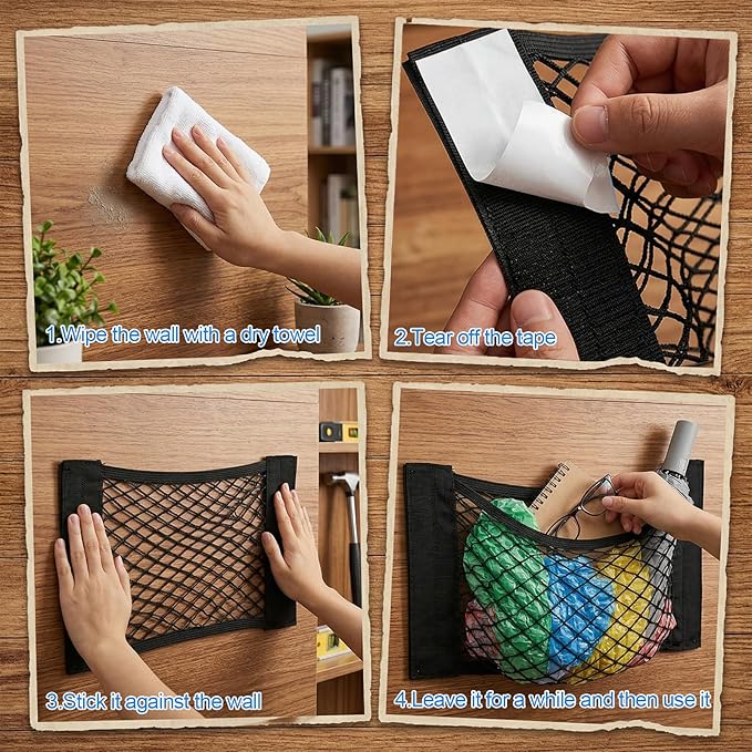 Plastic Holder Bag, Mesh Grocery Bag Holder, Adhesive Small Trash Bags Holders for Home, Wall (40×25cm)