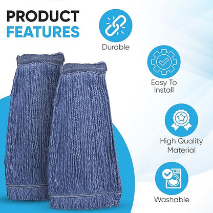 20oz Heavy Duty Cleaning Mop Head Replacement - 4 Pack - Commercial Replacement, Wet Industrial Blue Cotton Looped End String Head Refill