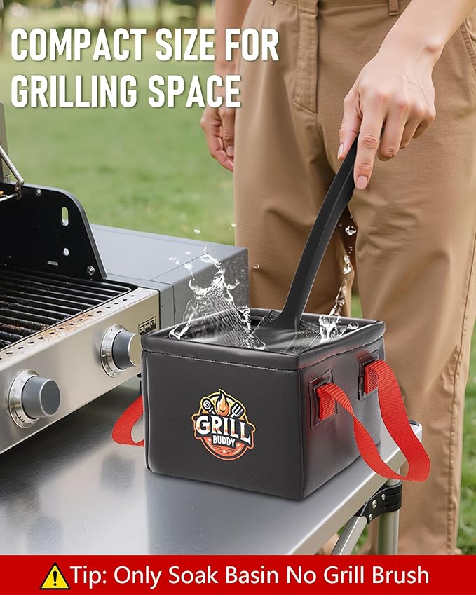 BS-VOG Grill Brush Dunk Tank, Collapsible Water Bucket with Sturdy Handles for Grill Brush Bristle Free, Stable Square Water Basin for BBQ Steam Cleaning (Only Soak Basin No Grill Brush)