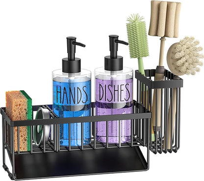 MASADI Kitchen Sink Caddy with Dish Soap Dispenser Set, 12OZ Glass Bottle, Hand and Dish Soap Dispenser Set, Non-Slip Silicone Pad, Brush Holder, Kitchen Sink Organizer Countertop (Black+Clear)