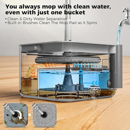 Masthome Spin Mop and Bucket with Wringer Set, Clean Dirty Water Separation, 360° Rotating Floor Mop with Adjustable Stainless Steel Handle, Reusable Pads for Hardwood Tile Laminate Home Cleaning