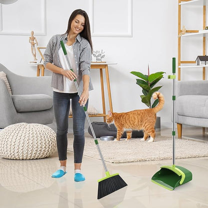 Broom and Dustpan Set, 52-in Long Adjustable Handle Broom Dustpan Combo with Dust pan Teeth to Automatically Clean Hair Suitable for Home Kitchen Office Hall Floor (Green), 4 Pack