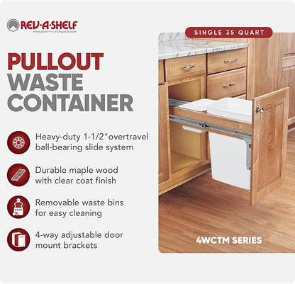 Rev-A-Shelf 35 Qt Top Mount Single Pullout Under Cabinet Kitchen Trash Cans for Base Cabinets, 150 Pound Rated Full-Extension Slides, Min Opening Width of 11.5", White, 4WCTM-12DM1-175