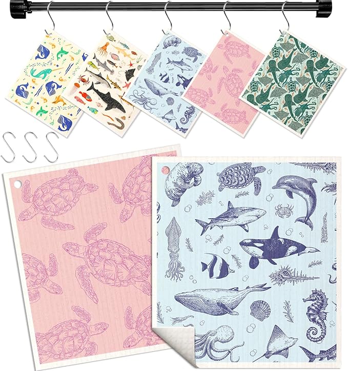 Miss Adola Swedish Dishcloths for Kitchen with Hooks - Reusable Dish Cloths for Washing Dishes Fast Drying Cute Fun 5 Pack Swedish Dish Towels Washable Cleaning Sponge, Deep Sea Fish