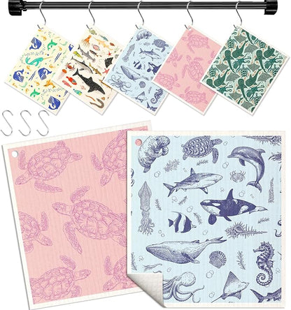 Miss Adola Swedish Dishcloths for Kitchen with Hooks - Reusable Dish Cloths for Washing Dishes Fast Drying Cute Fun 5 Pack Swedish Dish Towels Washable Cleaning Sponge, Deep Sea Fish