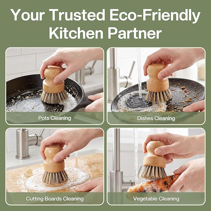 Wooden Dish Brush with Metal Stand Handheld Bamboo Wok Brush Scrubber for Dishes Pans Pots Fruit and Veggie Washing(1,Beige Brown)