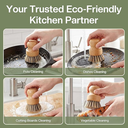 Wooden Dish Brush with Metal Stand Handheld Bamboo Wok Brush Scrubber for Dishes Pans Pots Fruit and Veggie Washing(1,Beige Brown)