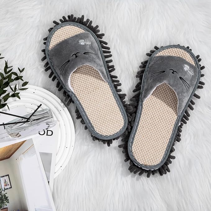 HooLing 2 Pairs Microfiber Mop Slippers for Floor Cleaning Detachable House Mop Shoes Men and Women Washable Unisex Dusting Slippers Dirt Tool Supplies(Gray, Pink,Men's 7-9, Women's 8-10)