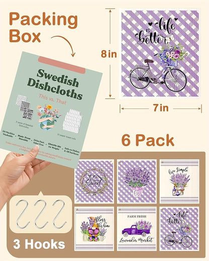 Miss Adola Kitchen Swedish Dishcloths with Hooks - 6 Pack Reusable Dish Cloths for Washing Dishes Fast Drying Cute Fun Swedish Dish Towels Washable Cleaning Sponge, Bicycle Lavender