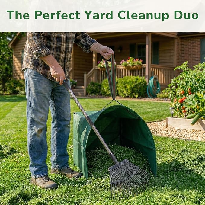 GreatBuddy Leaf Rake and Leaf Bags Combo, Adjustable Metal Garden Rake 29''-72'' 25 Tines, 2 Pack 72 Gallon Reusable Yard Waste Bags, Heavy Duty Lawn Rake with Dustpan Leaf Collector for Yard Cleanup