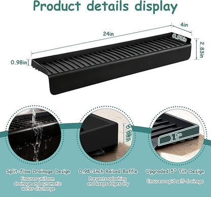Silicone Sink Edge Protector Splash Guard,Sink Granite Edge Protector,24x4 Inch with Suction Cups & 5°Tilt, Cuttable for Kitchen Bathroom Countertops, Granite Quartz Surfaces (Black)