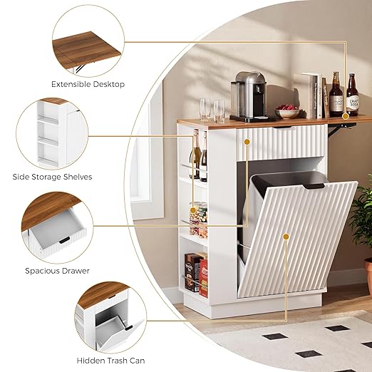 Kitchen Island Tilt-Out Trash Can Cabinet, 10 Gallon Fluted Laundry Hamper Cabinet with Drawers, Multipurpose Kitchen, Bathroom, Living Room Wooden Trash Bin