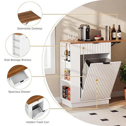 Kitchen Island Tilt-Out Trash Can Cabinet, 10 Gallon Fluted Laundry Hamper Cabinet with Drawers, Multipurpose Kitchen, Bathroom, Living Room Wooden Trash Bin
