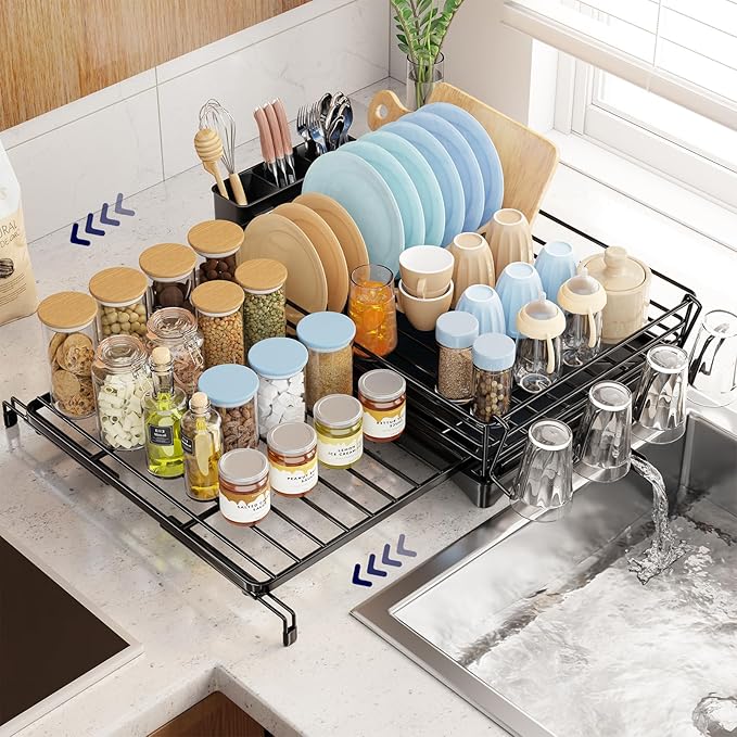 Simple Trending Dish Rack - Adjustable Dish Drying Rack for Kitchen Counter, Large Capacity Dish Drainers, Stainless Steel Dish Strainer with Utensil & Cup Holders, Black