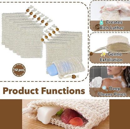 12 PCS Soap Saver Bag, Exfoliating Soap Saver Pouch, Natural Cotton Linen Mesh Soap Bag with Drawstring for Smooth Skin, for Bathing & Facial Cleansing