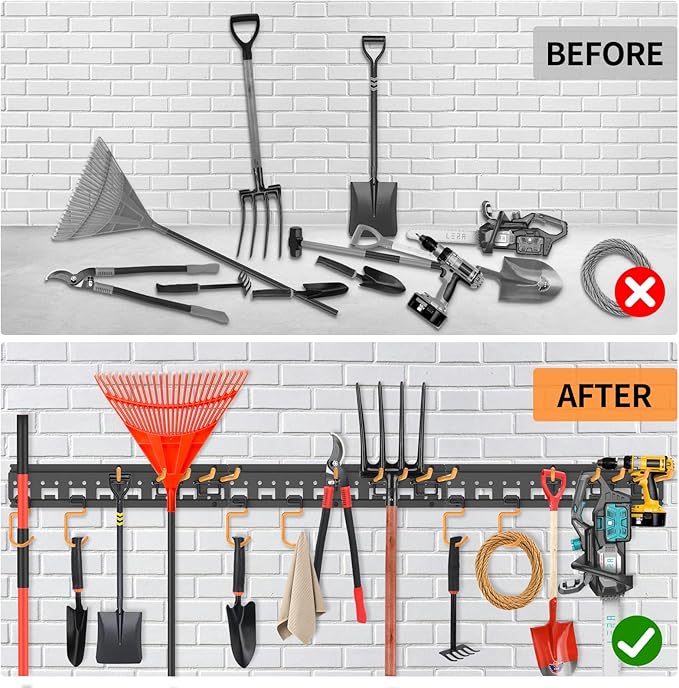 Garden Tool Organizer Wall Mount - Garage Storage and Organization Yard Tool Hanger with Adjustable Pegboard Hooks Shed Rack for Broom Mop Shovel Rake Trimmers, 64 inch Max 750lbs, Black