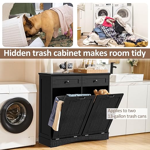 AHB Double Tilt Out Trash Can Cabinet Freestanding Kitchen Trash Can, 2x13 Gallons Hidden Garbage Recycling Cabinet with Hideaway Drawers Pet Proof Trash Can Holder for Kitchen, Black