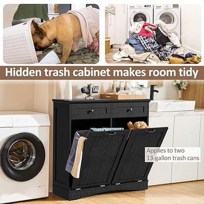 AHB Double Tilt Out Trash Can Cabinet Freestanding Kitchen Trash Can, 2x13 Gallons Hidden Garbage Recycling Cabinet with Hideaway Drawers Pet Proof Trash Can Holder for Kitchen, Black