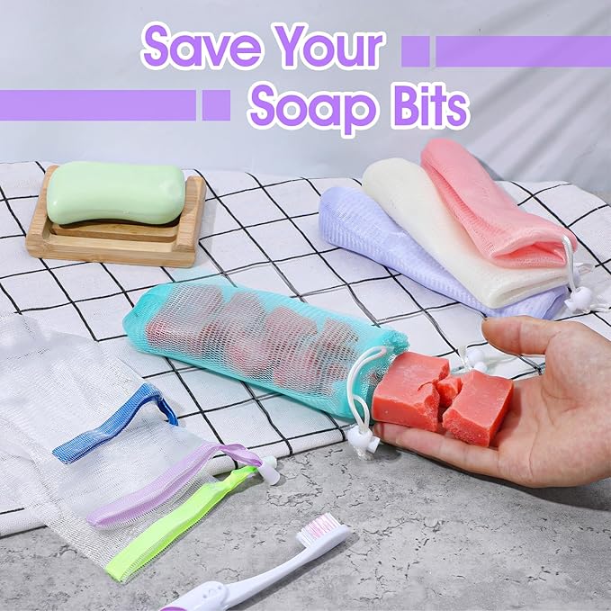 14 Pcs Soap Bags Exfoliating Mesh Soap Pouch Foam Net Soaps Saver Bubble Net Pouch Drawstring Holder Bag for Bath Shower Body Facial Cleaning Tool Multicolor Hangable