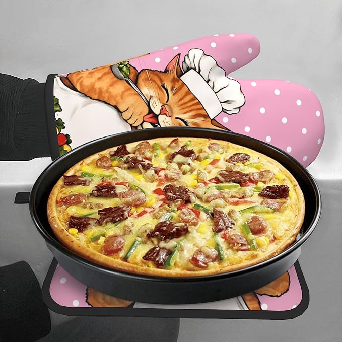 Cat Oven Mitts - Pink Oven Mitts and Pot Holders Sets of 2 Cute Kitten Cooker Kitchen Mitts Hot Pads for Baking Grilling