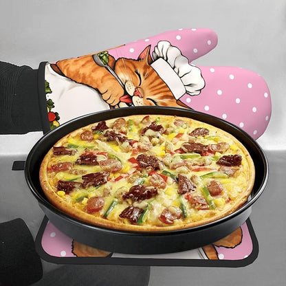 Cat Oven Mitts - Pink Oven Mitts and Pot Holders Sets of 2 Cute Kitten Cooker Kitchen Mitts Hot Pads for Baking Grilling