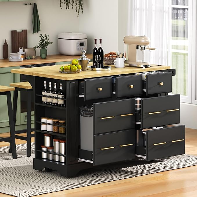 51.2" Kitchen Island with 6 Drawers, Pull Out Trash Can Storage, Rolling Kitchen Island on 5 Wheels with Drop Leaf, Power Outlet, 5 Open Side Racks for Kitchen, Dining Room, Black