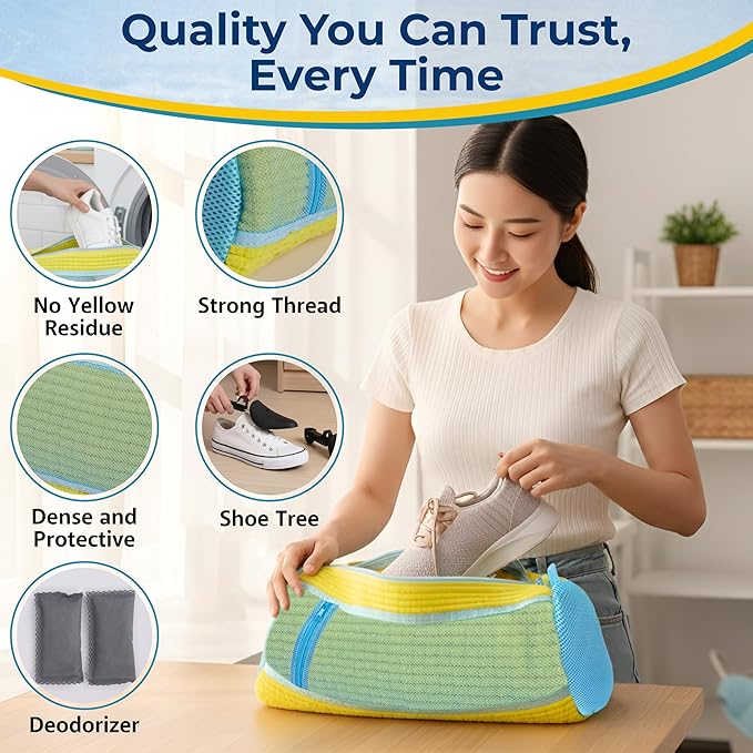 Shoe Washing Machine Bag with Shoe Trees and Deodorizer Bags, 2 Pcs Reusable Sneaker Laundry Bag for Washer and Dryer, 360 Deep Cleaning Shoe Washing Bag with Zipper, All Shoe Types & Sizes, Yellow