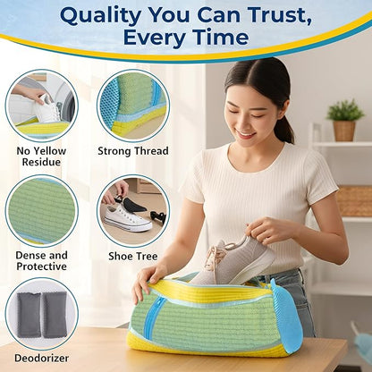 Shoe Washing Machine Bag with Shoe Trees and Deodorizer Bags, 2 Pcs Reusable Sneaker Laundry Bag for Washer and Dryer, 360 Deep Cleaning Shoe Washing Bag with Zipper, All Shoe Types & Sizes, Yellow