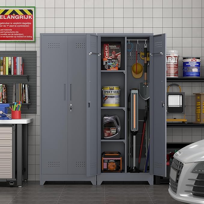 65" H Metal Garage Storage Cabinet,Broom Closet Storage Cabinet with Adjust Shelves,Utility Cabinet,Utility Closet for Garage,Gray