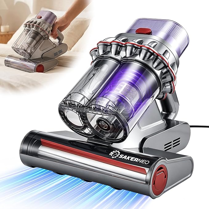 Powerful Bed Vacuum Cleaner with Digital Display, 5-Cyclone Filtration, 14kPa Strong Suction, HEPA Filter, Handheld Vacuum for Mattress, Carpet, Sofa and Pet Hair