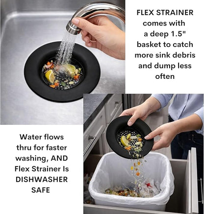 Flex Strainer® Sink Drain Strainer with Optional Stopper – No Center Stem, Fits Standard 3½” Sink Drains & Disposals – Easy Clean, Dishwasher Safe – Made in USA (Black, 3pc)