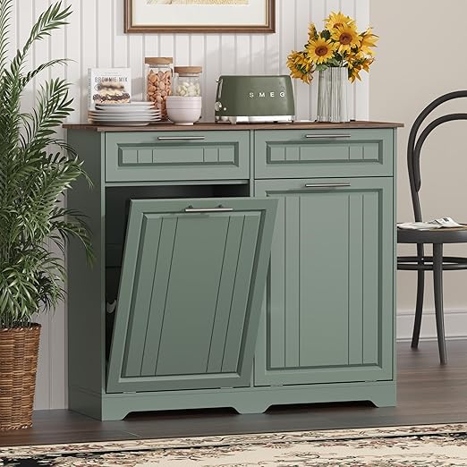 Double 10 Gallon Tilt Out Trash Can Cabinet with Deodorizing Function and Power Outlet, Wooden Hidden Garbage Can Holder with 2 Storage Drawers for Kitchen, Laundry Hamper Cabinet for Bathroom, Green